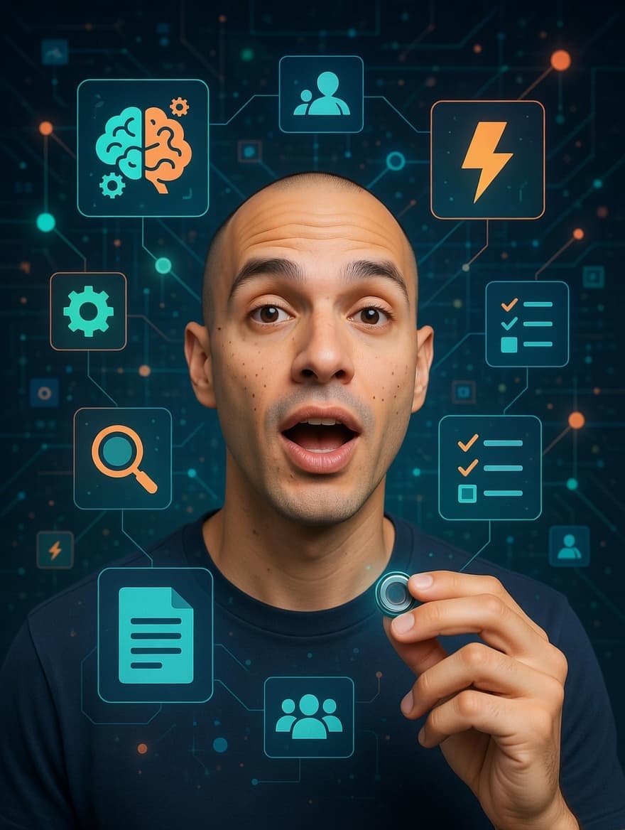 Hector Suarez rodeado de iconos de inteligencia artificial, sistemas y comunidad